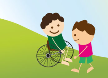 Illustration af barn i kørestol og andet barn ved siden af