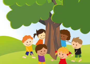 Illustration af børn rundt om et træ