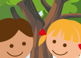Illustration af to piger foran et træ